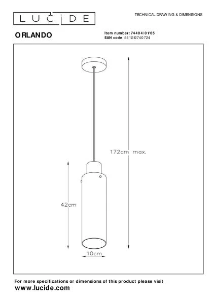 Lucide ORLANDO - Lámpara colgante - Ø 10 cm - 1xE27 - Ahumado - técnico